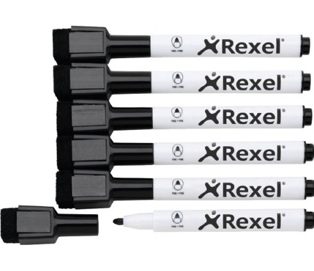 МАРКЕР ЗА БЯЛА ДЪСКА С ВГРАДЕНА ГЪБА REXEL 6БР ЧЕРЕН