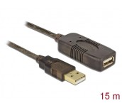 Удължителен кабел DeLock, USB-A женско - USB-A мъжко, USB 2.0, 15 м, Черен