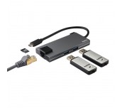 5-портов хъб USB-C HAMA Multiport, 2 x USB-A, 1 x USB-C, 1 x HDMI, 1х LAN, Сив