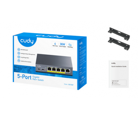 Суич Cudy GS105P , 5x портов POE метален корпус+Switch 36W, неуправляем