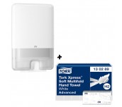 ПРОМО КОМПЛЕКТ 1 КАШОН КЪРПИ РЪЦЕ TORK XPRESS SOFT MULTIF, H2 ADV 21БР И ДИСПЕНСЪР TORK XPRESS MULTIFOLD H2