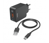 Мрежово зарядно HAMA, 220V, USB-C, Qualcomm, Quick Charge, 19.5W, Вкл. кабел, Черен