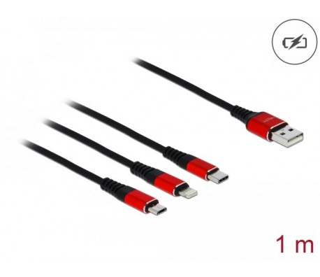 Кабел за зареждане Delock  3 в 1, USB - Lightning/ Micro USB/ USB-C, 1м, Черен/Червен