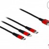Кабел за зареждане Delock  3 в 1, USB - Lightning/ Micro USB/ USB-C, 1м, Черен/Червен