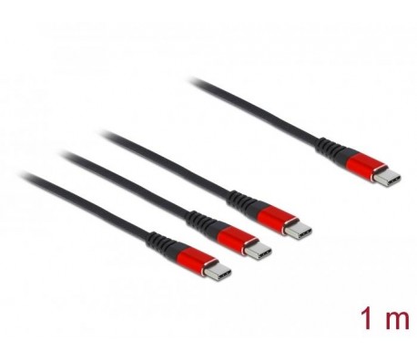 Кабел за зареждане Delock  3 в 1, USB-C - 3 x USB-C, 1м, Черен/Червен