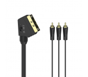 Видео кабел HAMA 205156, Скарт мъжко - 3 Чинч мъжко, 1.5м, Позлатени конектори, Черен